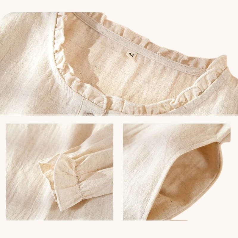 Robe de Chambre Femme Coton Lin Manches Longues Uni