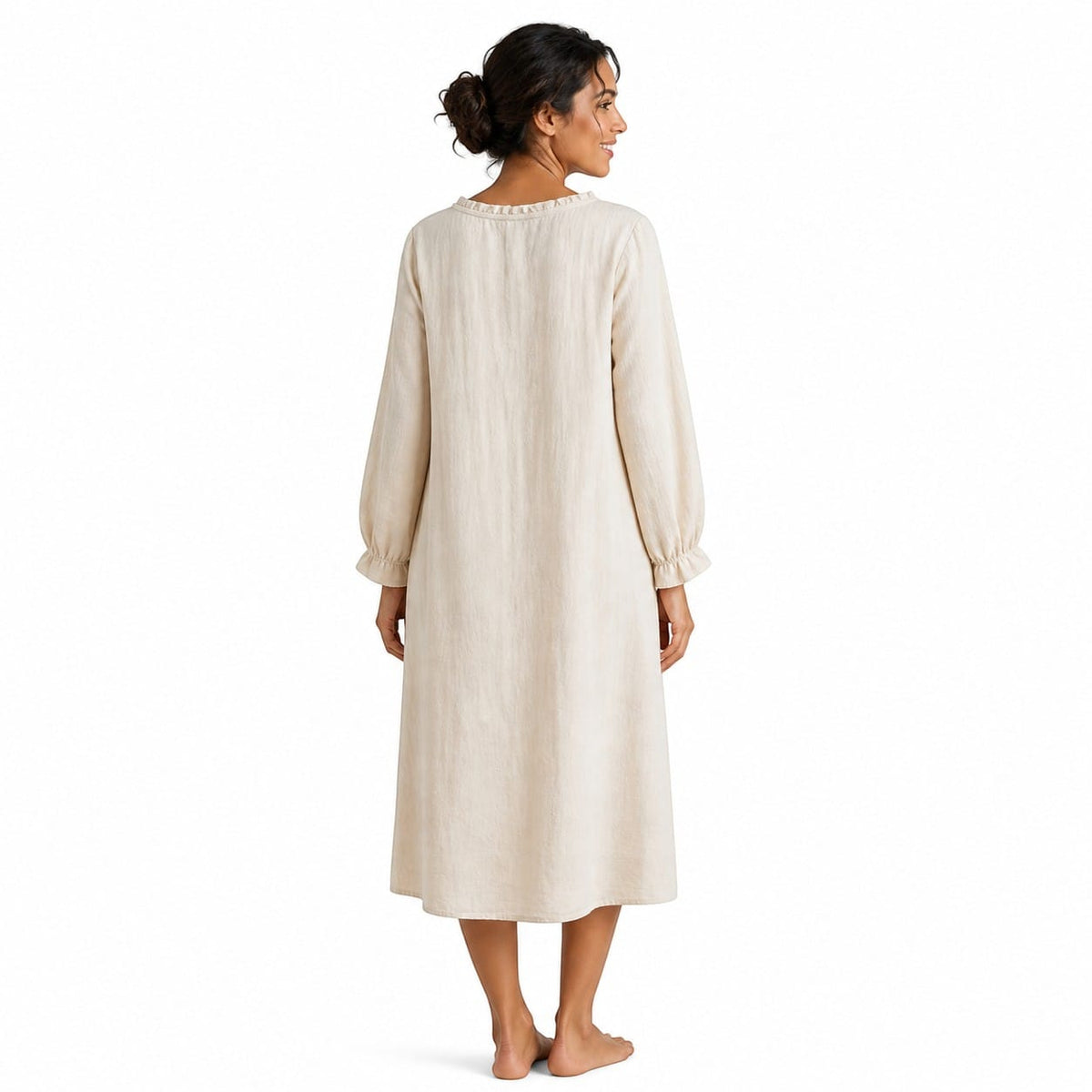 Robe de Chambre Femme Coton Lin Manches Longues Uni