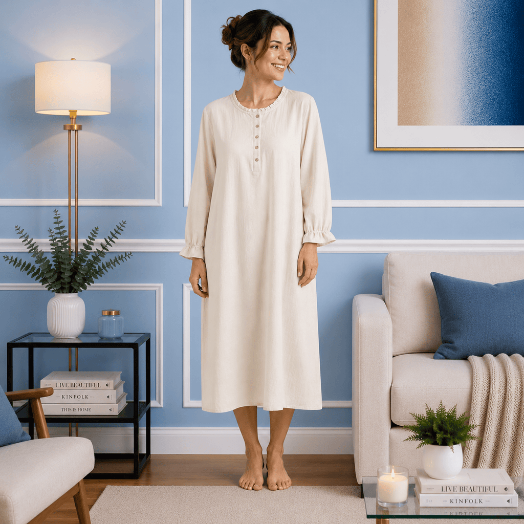 Robe de Chambre Femme Coton Lin Manches Longues Uni