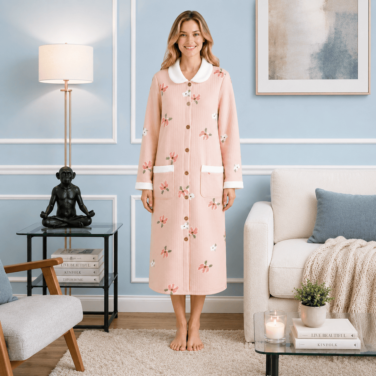Robe de Chambre Femme Coton Motif Cute Chaude Hiver