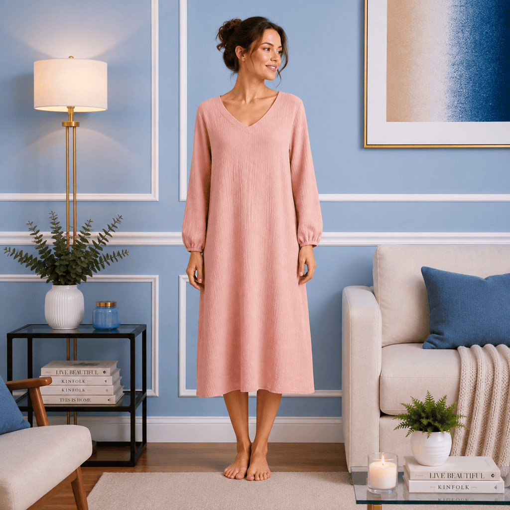 Robe de Chambre Femme Coton Uni Manches Longues