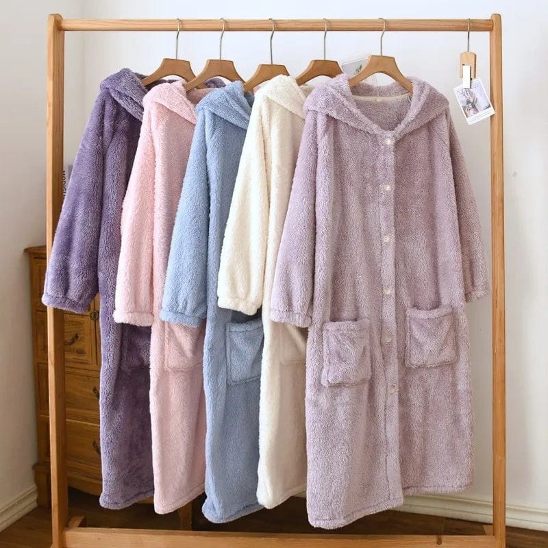 Robe de Chambre Femme Flanelle à Capuche Douce Hiver