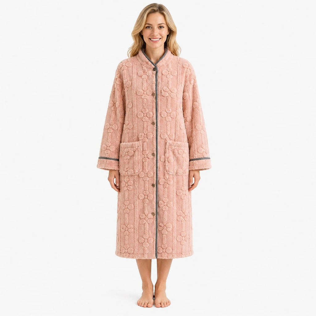 Robe de Chambre Femme Flanelle Boutonnée Col Montant