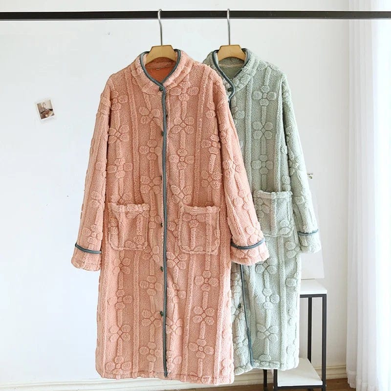 Robe de Chambre Femme Flanelle Boutonnée Col Montant