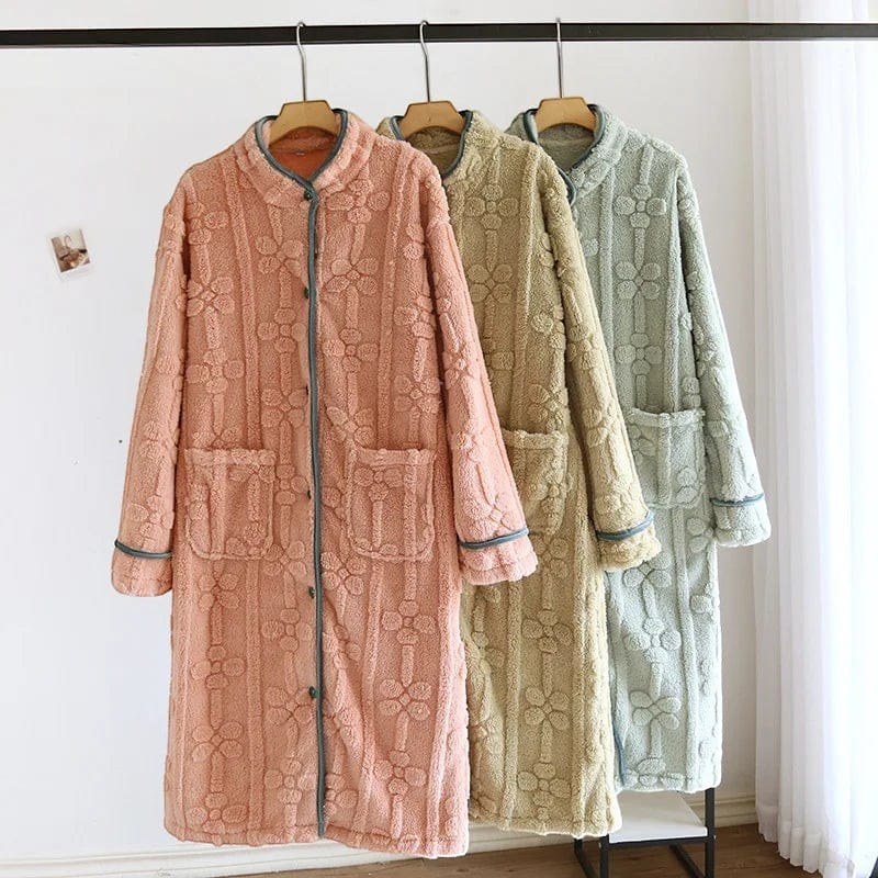 Robe de Chambre Femme Flanelle Boutonnée Col Montant