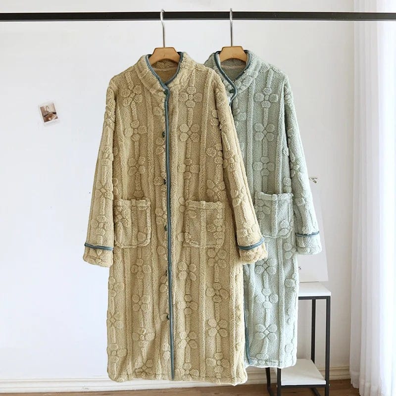Robe de Chambre Femme Flanelle Boutonnée Col Montant