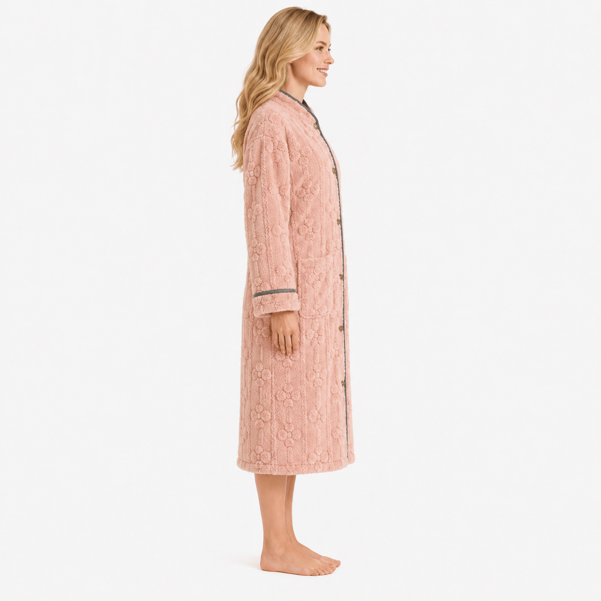 Robe de Chambre Femme Flanelle Boutonnée Col Montant