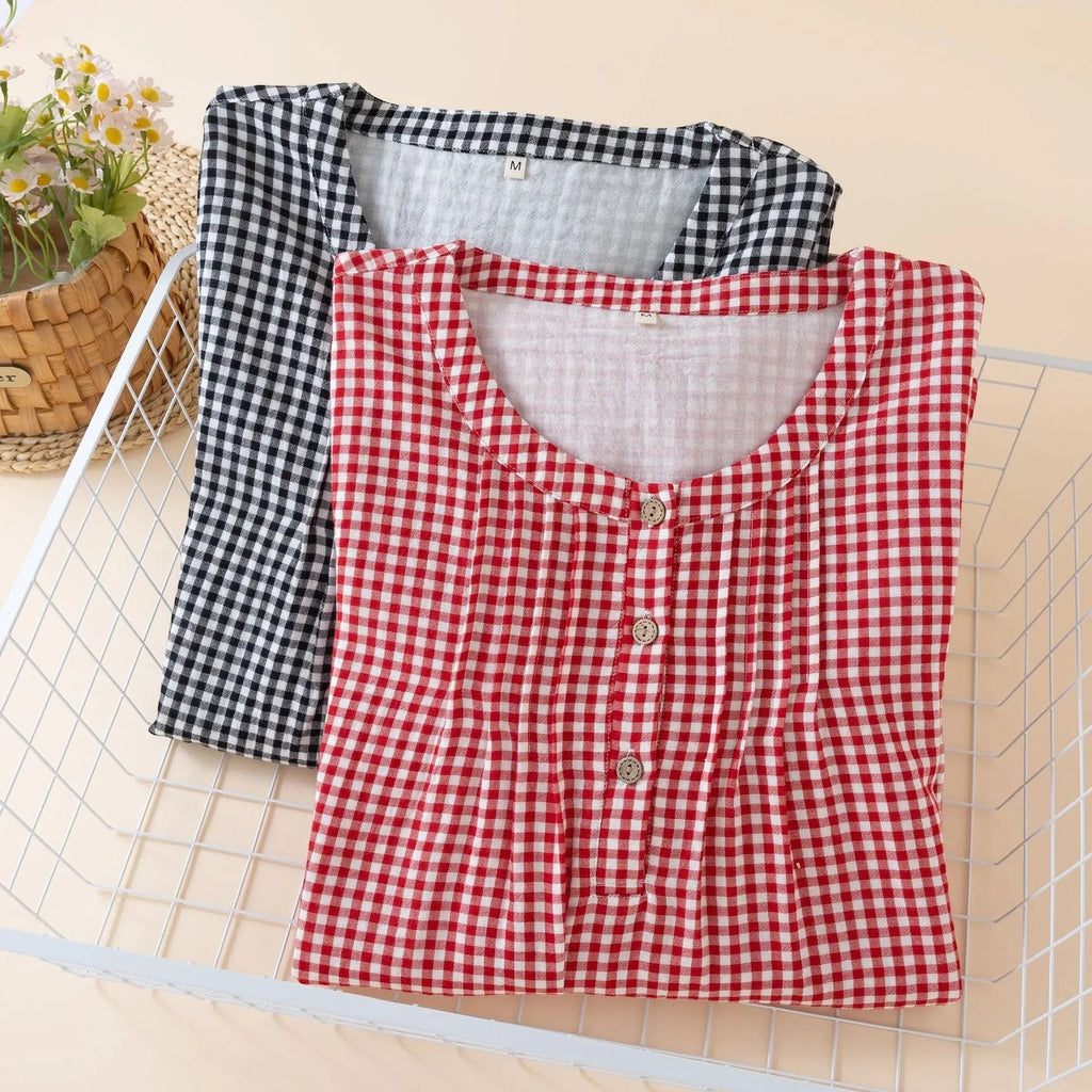 Robe de Chambre Femme Longue Carreaux Boutonnée Manches 3/4