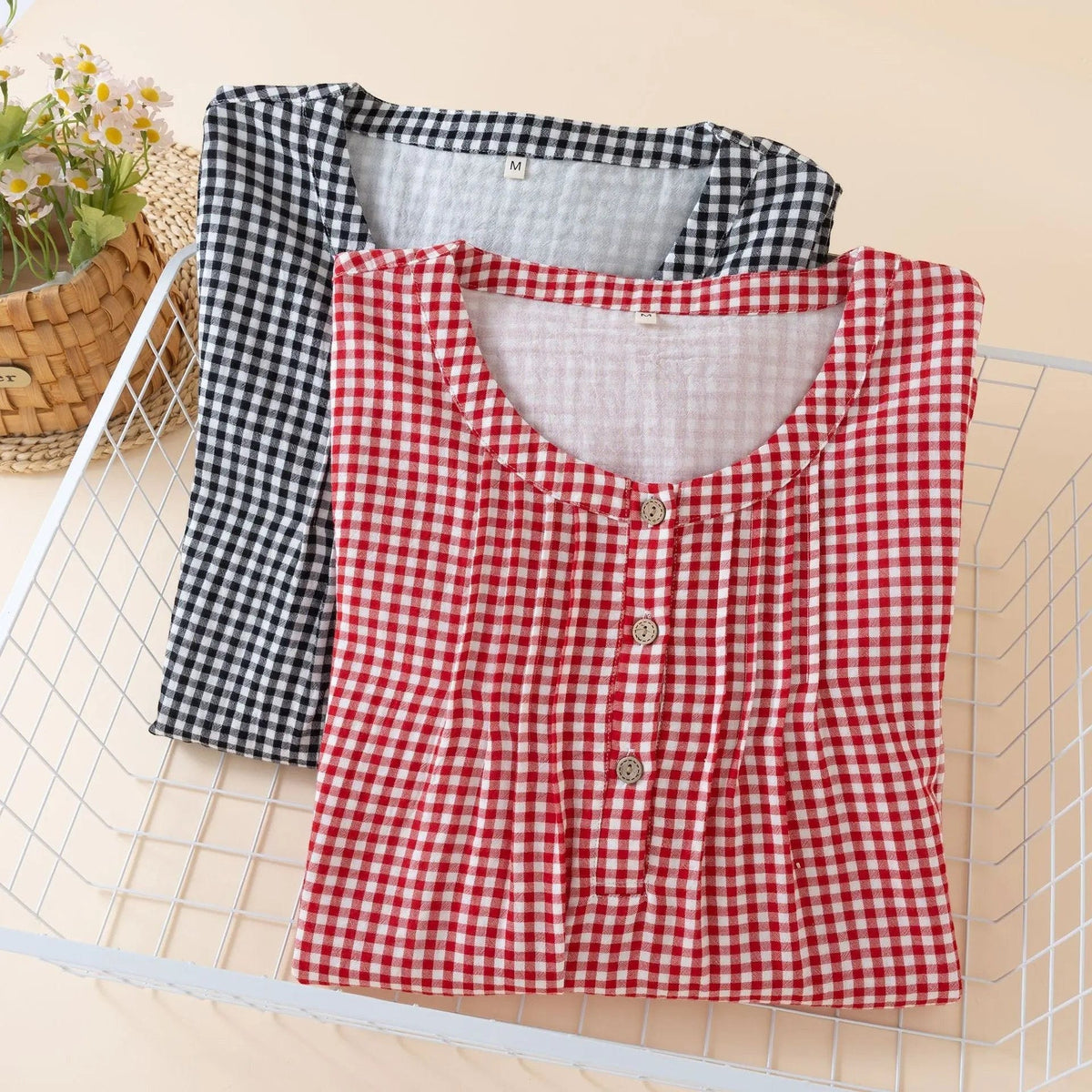 Robe de Chambre Femme Longue Carreaux Boutonnée Manches 3/4