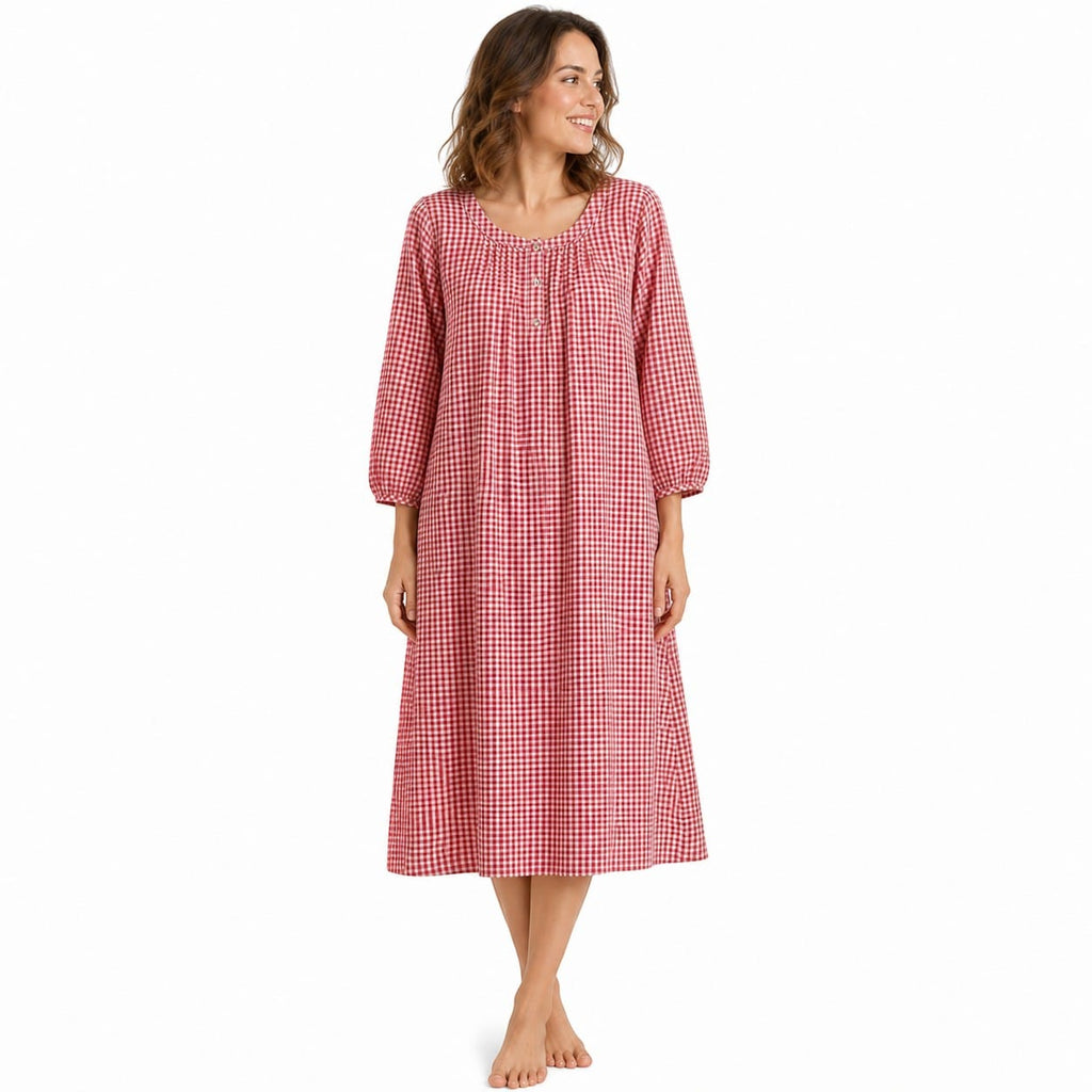 Robe de Chambre Femme Longue Carreaux Boutonnée Manches 3/4