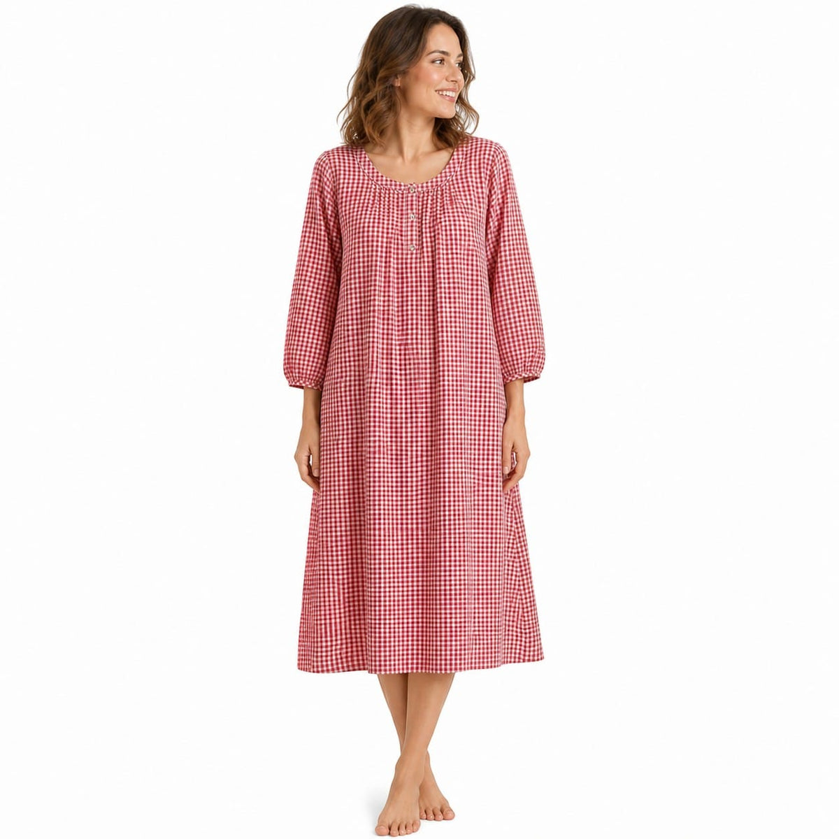 Robe de Chambre Femme Longue Carreaux Boutonnée Manches 3/4