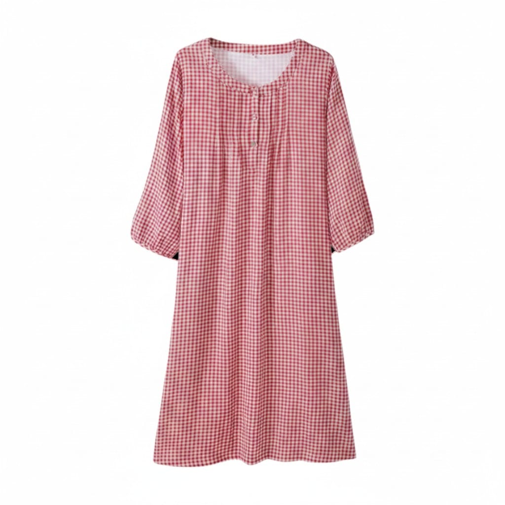 Robe de Chambre Femme Longue Carreaux Boutonnée Manches 3/4