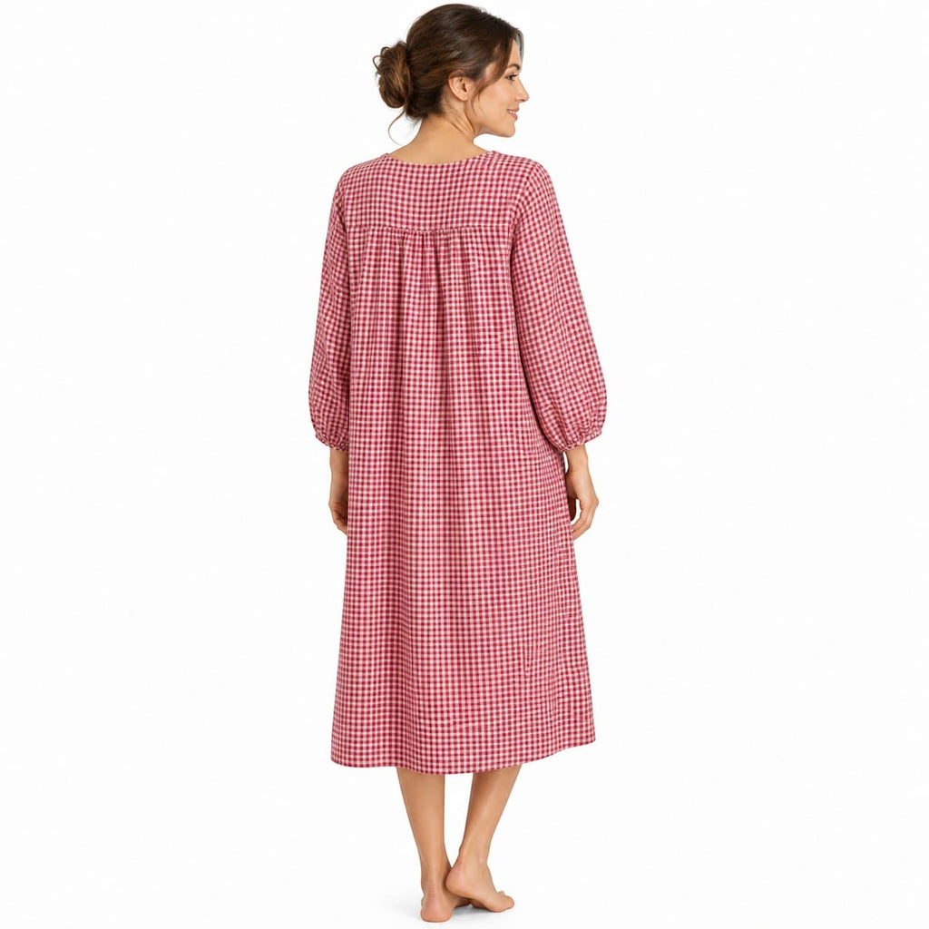 Robe de Chambre Femme Longue Carreaux Boutonnée Manches 3/4
