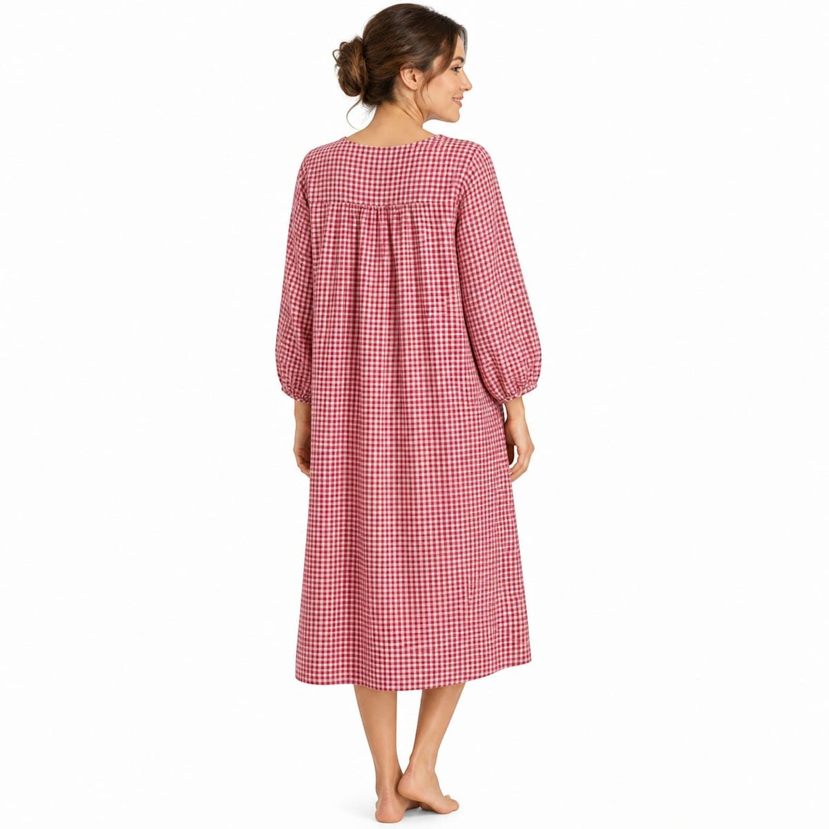 Robe de Chambre Femme Longue Carreaux Boutonnée Manches 3/4