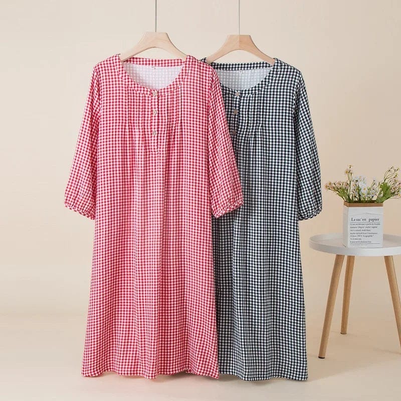 Robe de Chambre Femme Longue Carreaux Boutonnée Manches 3/4