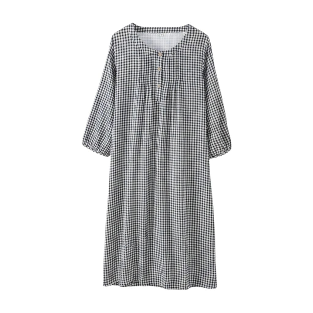 Robe de Chambre Femme Longue Carreaux Boutonnée Manches 3/4