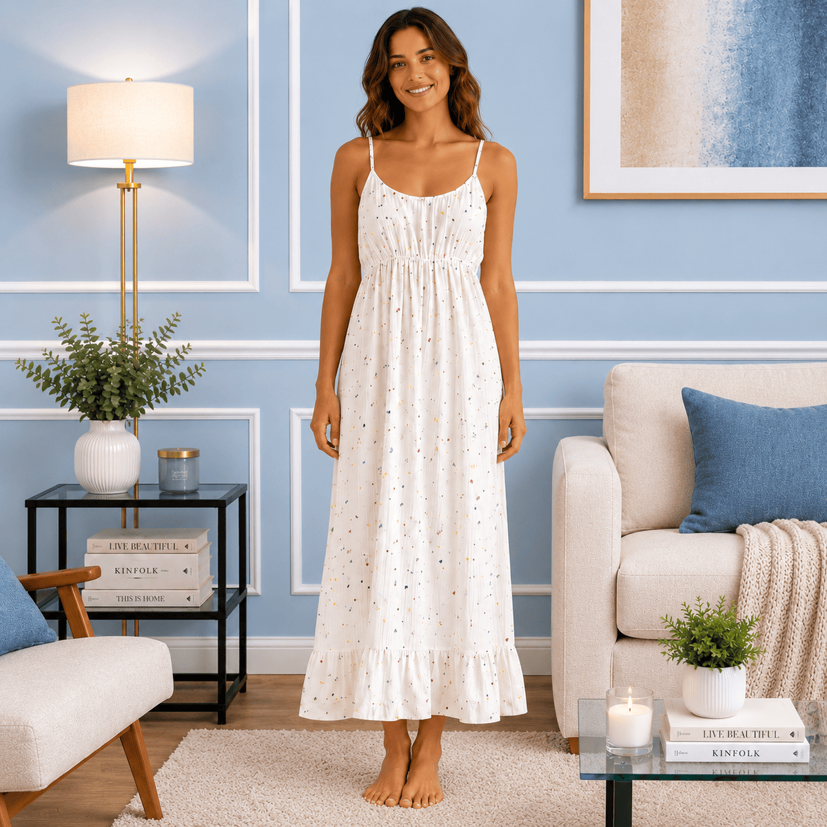 Robe de Chambre Femme Longue Imprimée Bretelles Été
