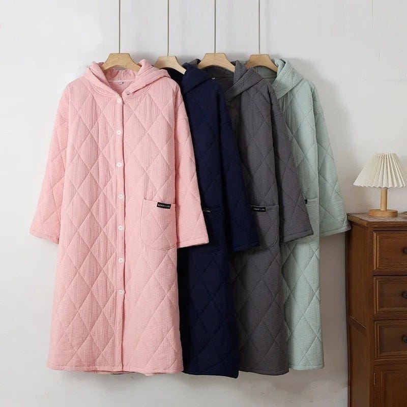Robe de Chambre Femme Matelassée Coton à Capuche Hiver