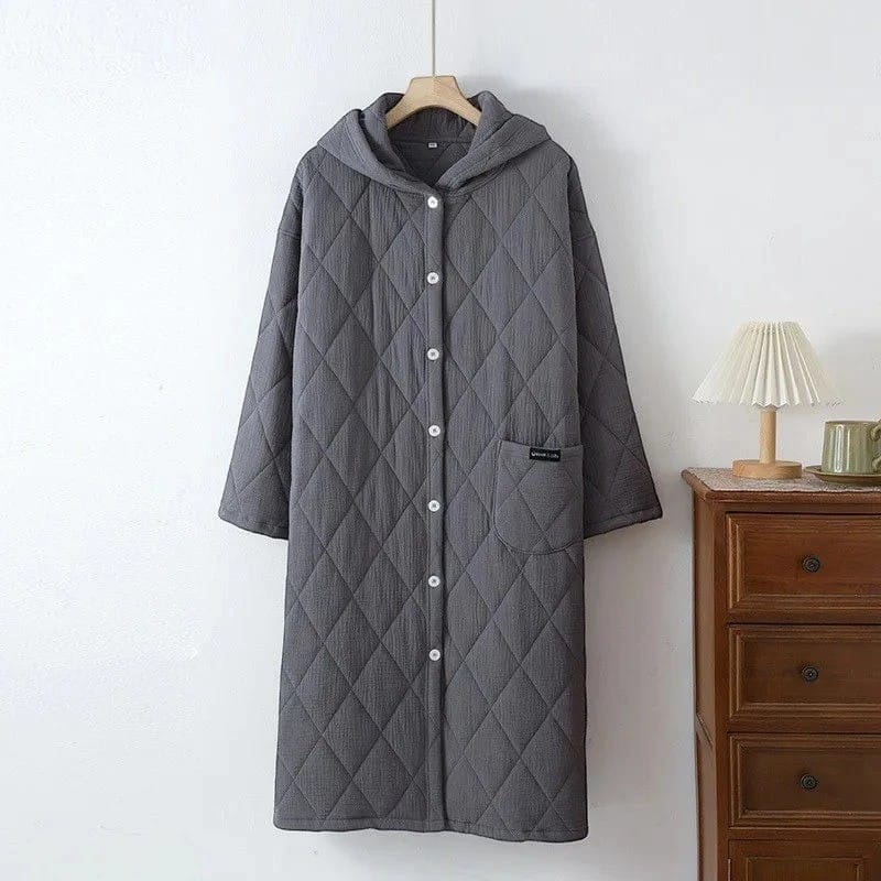Robe de Chambre Femme Matelassée Coton à Capuche Hiver