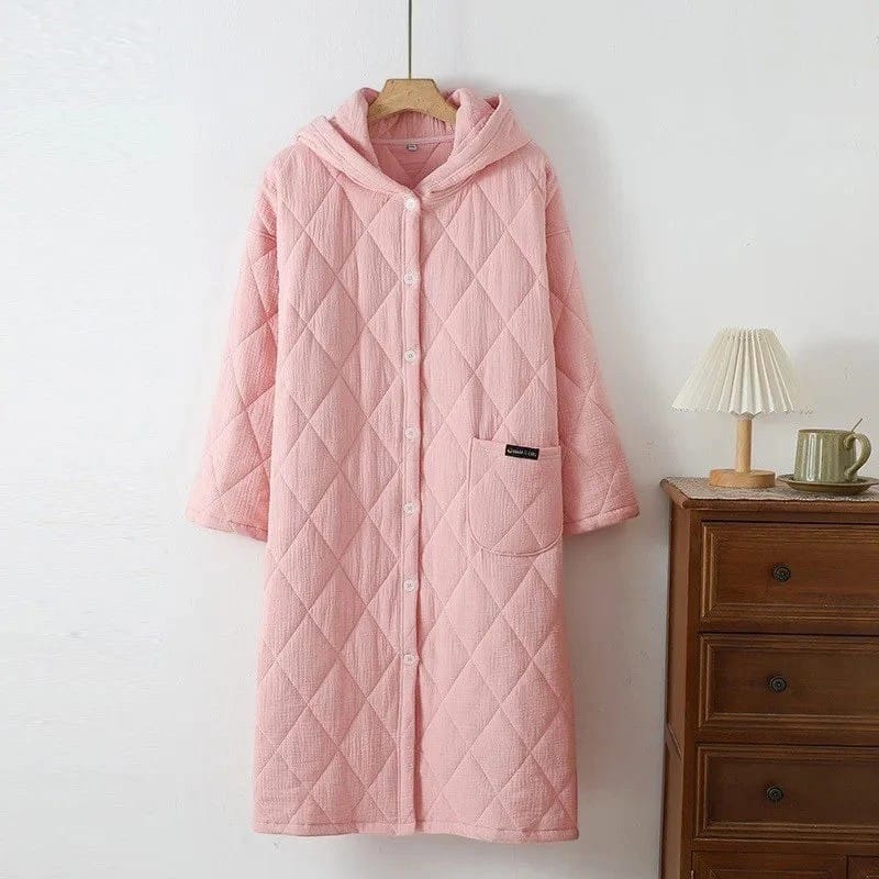 Robe de Chambre Femme Matelassée Coton à Capuche Hiver