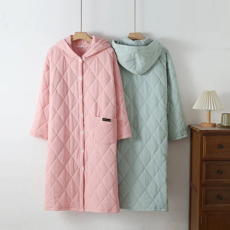 Robe de Chambre Femme Matelassée Coton à Capuche Hiver