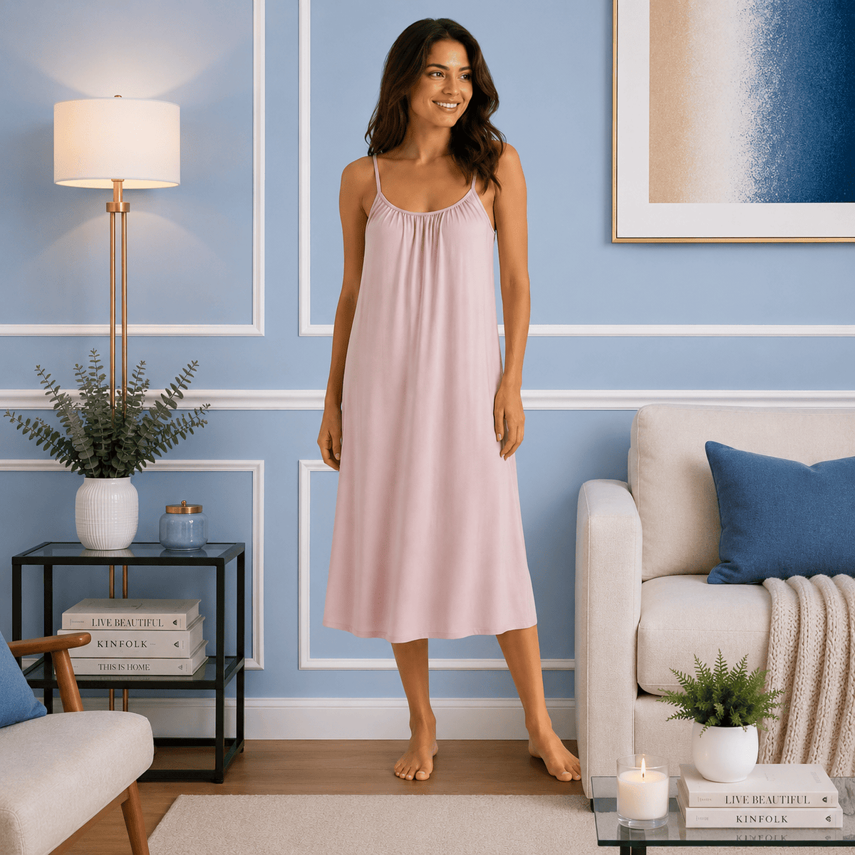 Robe de Chambre Femme Modal Uni Mi-Longue Bretelles Fines