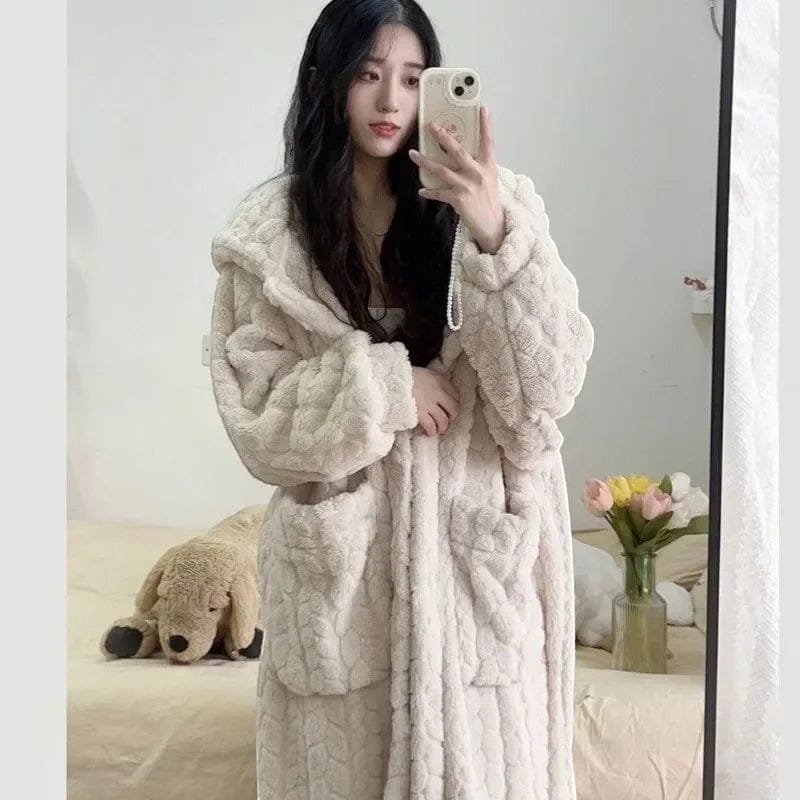 Robe de Chambre Femme Polaire à Capuche Longue