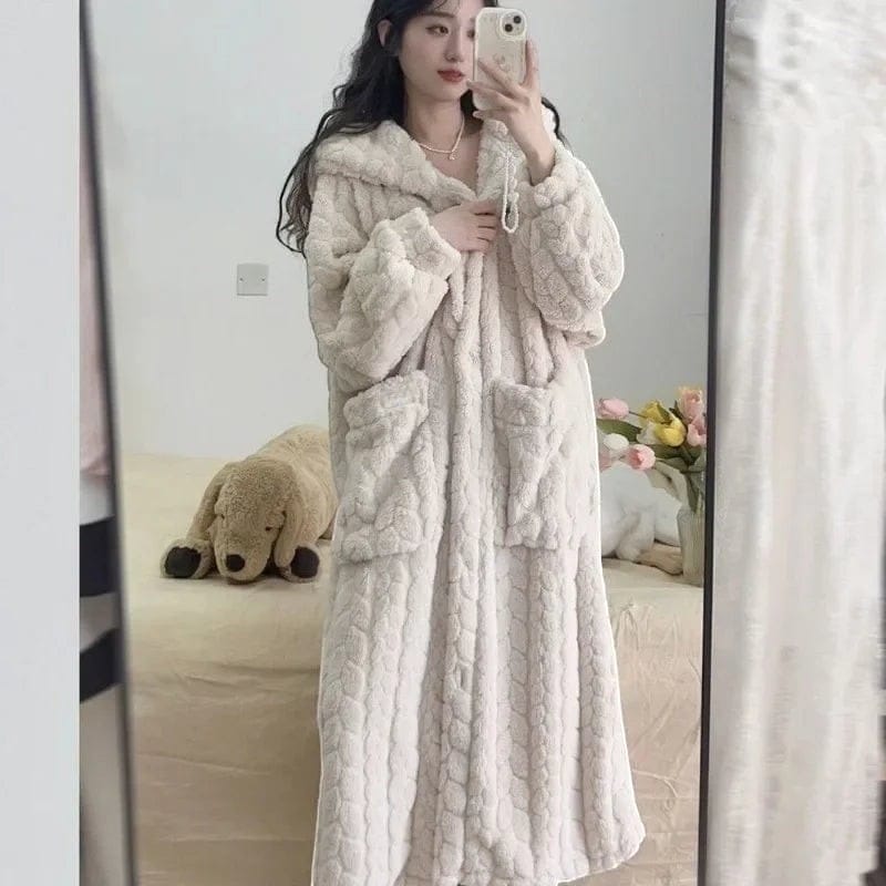 Robe de Chambre Femme Polaire à Capuche Longue