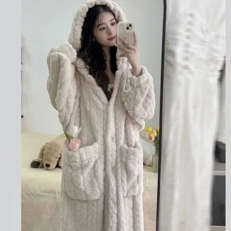 Robe de Chambre Femme Polaire à Capuche Longue