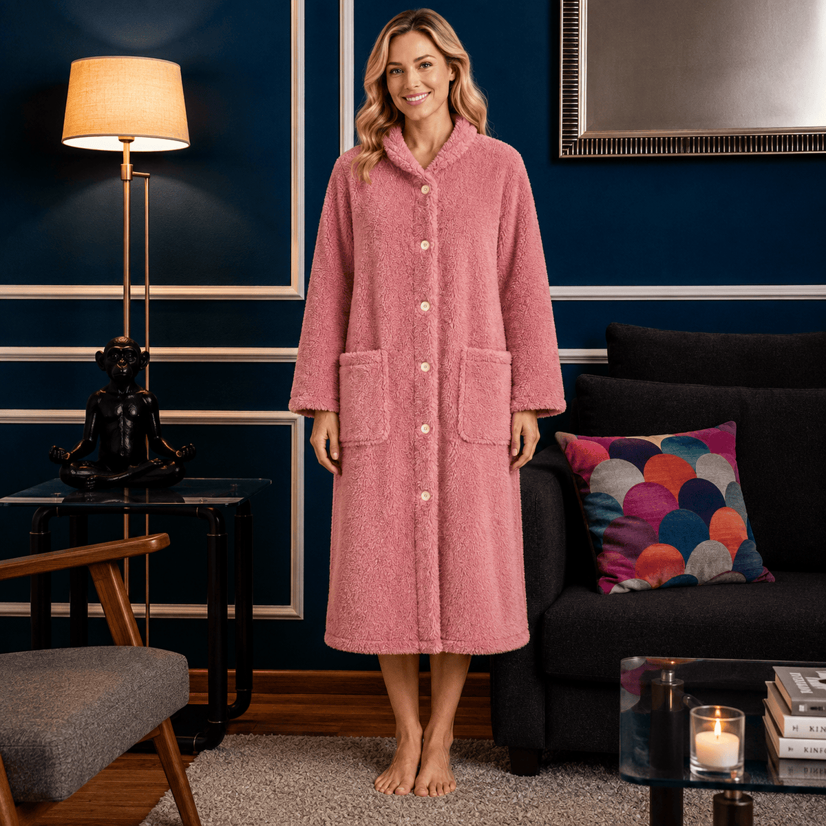 Robe de Chambre Femme Polaire Douce Mi-Longue