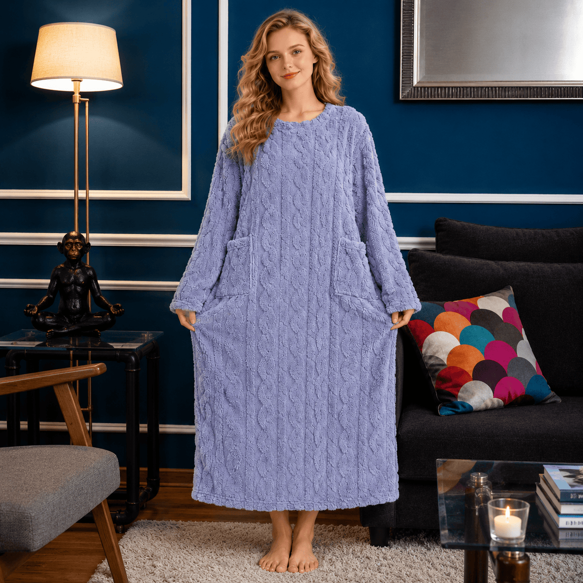 Robe de Chambre Femme Polaire Longue Double Poches Hiver