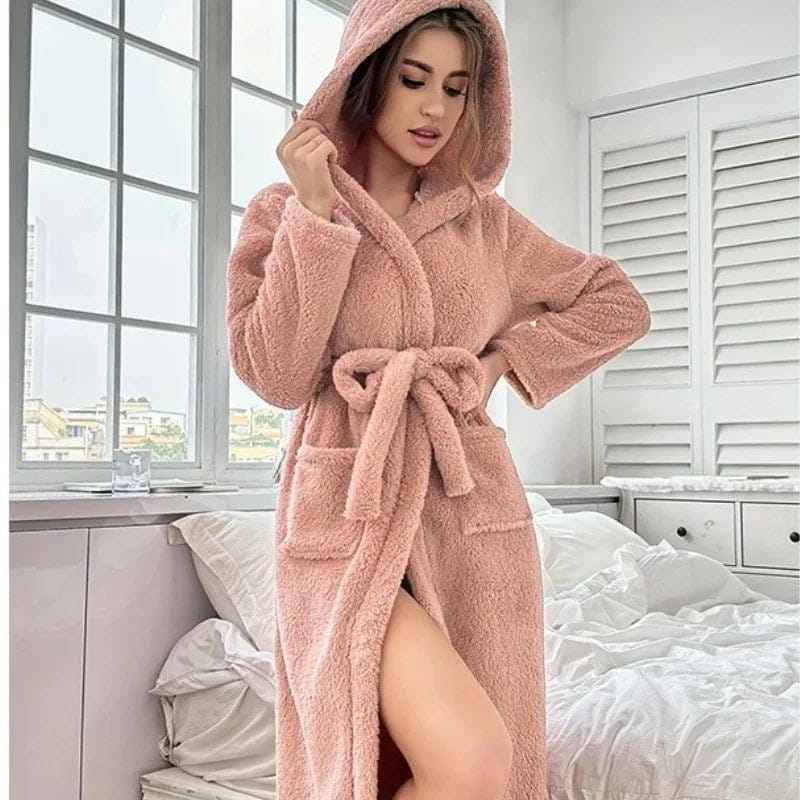 Robe de Chambre Femme Polaire Ultra Épaisse à Capuche Rose