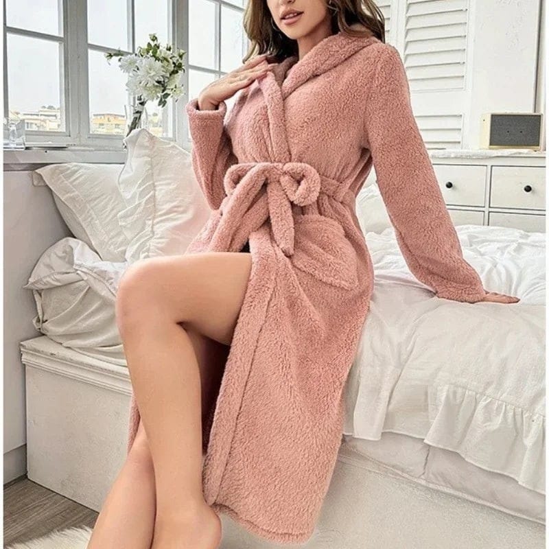 Robe de Chambre Femme Polaire Ultra Épaisse à Capuche Rose