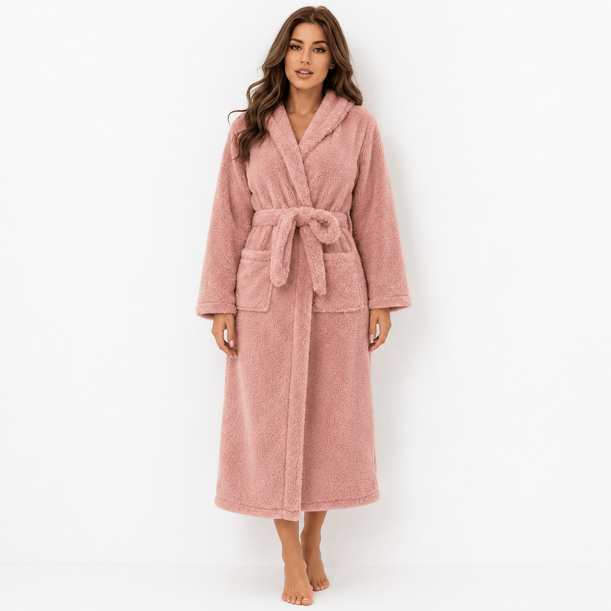Robe de Chambre Femme Polaire Ultra Épaisse à Capuche Rose