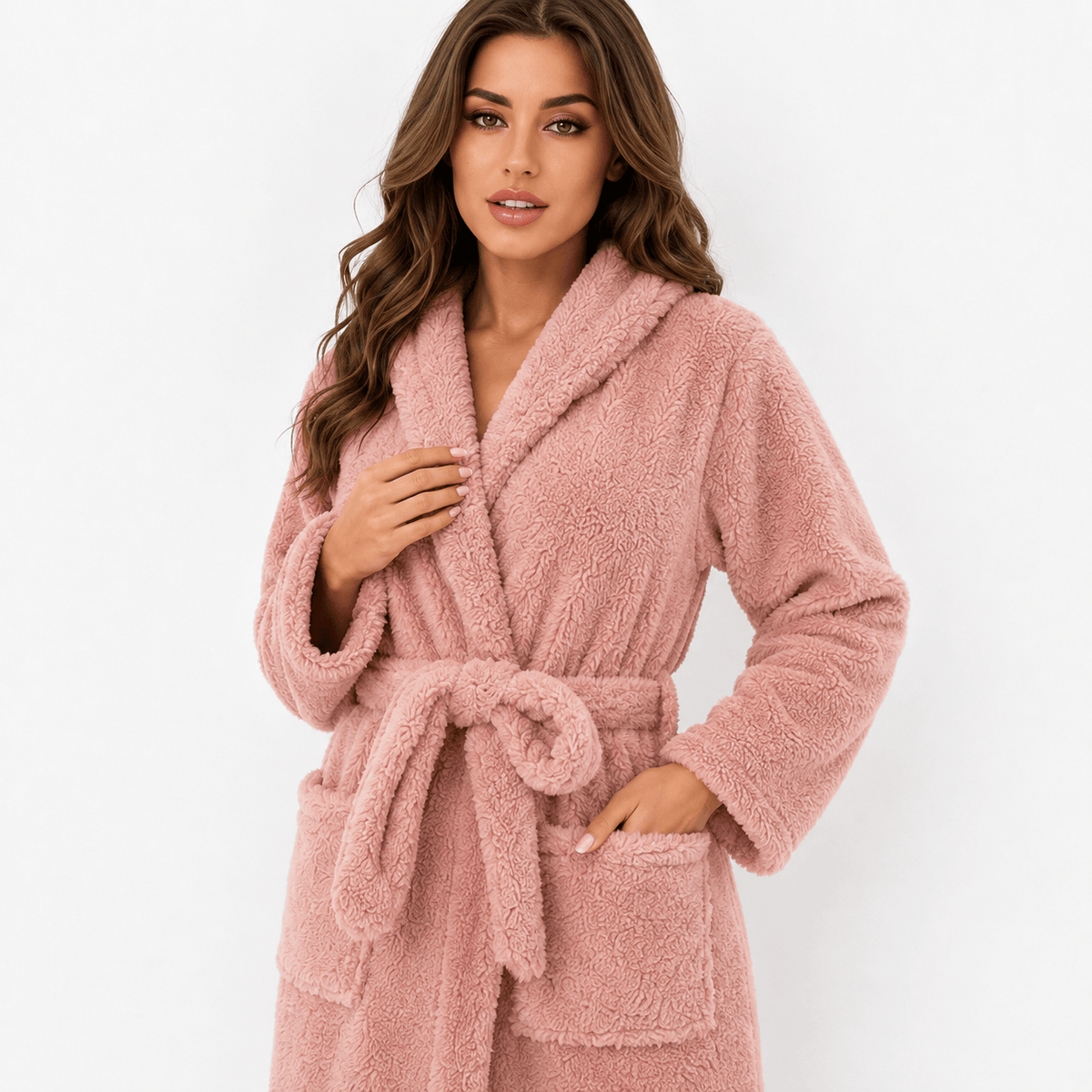 Robe de Chambre Femme Polaire Ultra Épaisse à Capuche Rose
