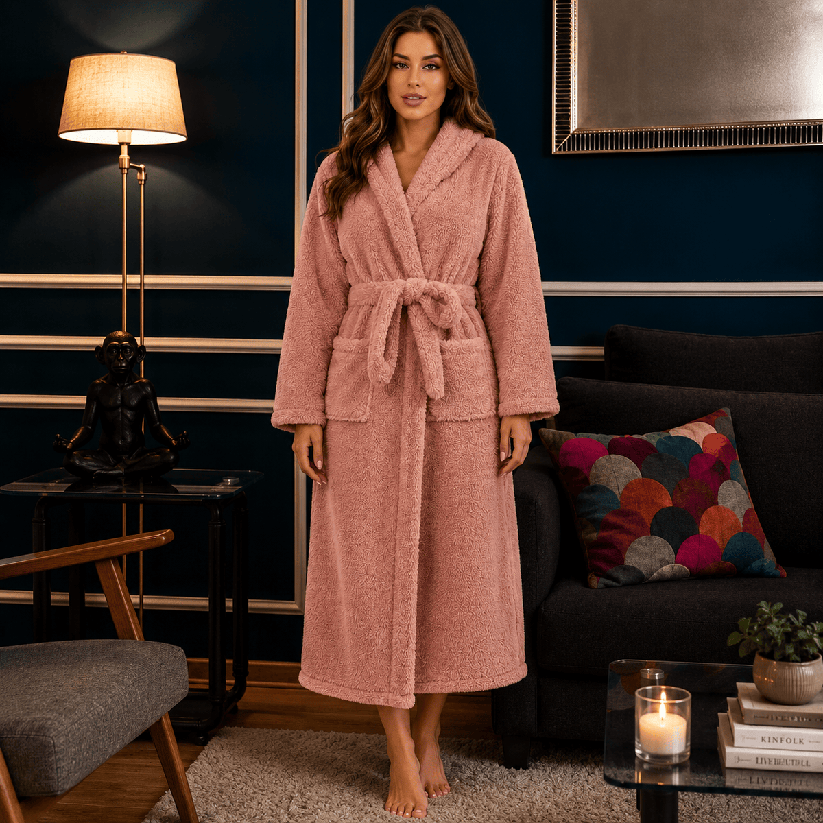Robe de Chambre Femme Polaire Ultra Épaisse à Capuche Rose