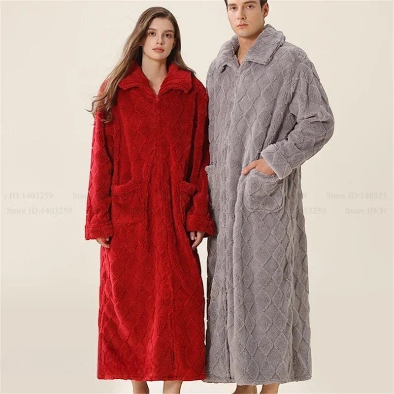 Robe de Chambre Homme Polaire Corail Long Zippé Carreaux