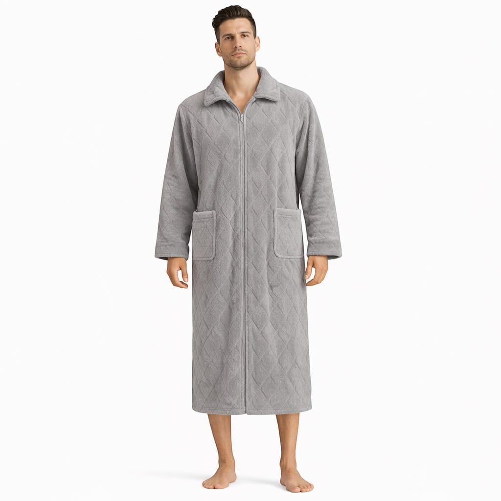 Robe de Chambre Homme Polaire Corail Long Zippé Carreaux