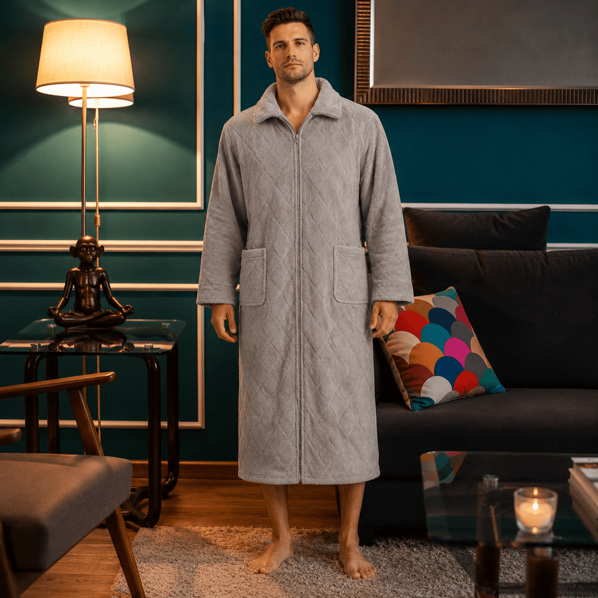 Robe de Chambre Homme Polaire Corail Long Zippé Carreaux