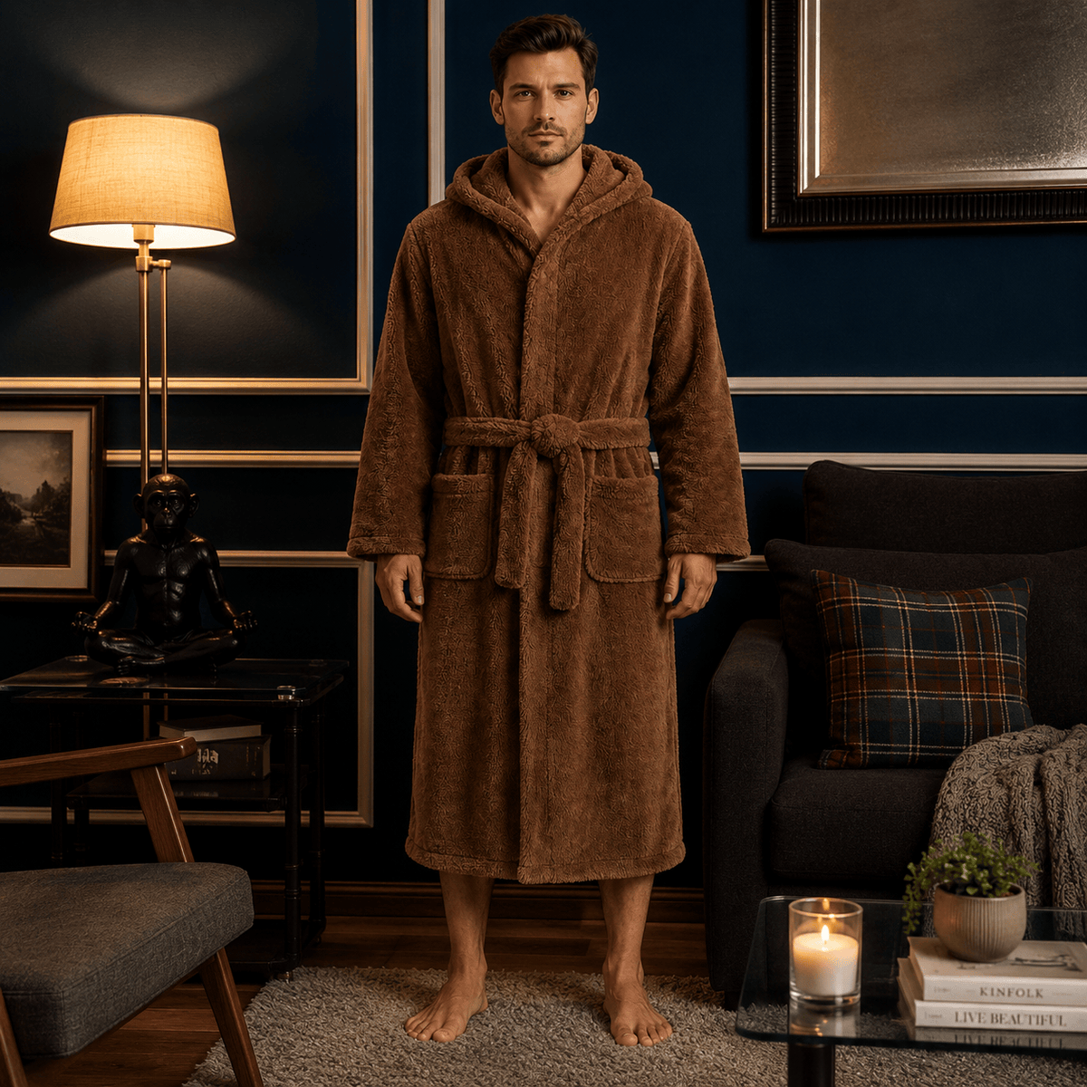 Robe de Chambre Homme Polaire Épais à Capuche Hiver